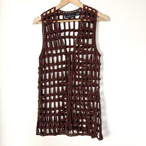 Vintage 90s Open Crotchet Cardigan Brown Womens Large Boho Festival Granny Hippy